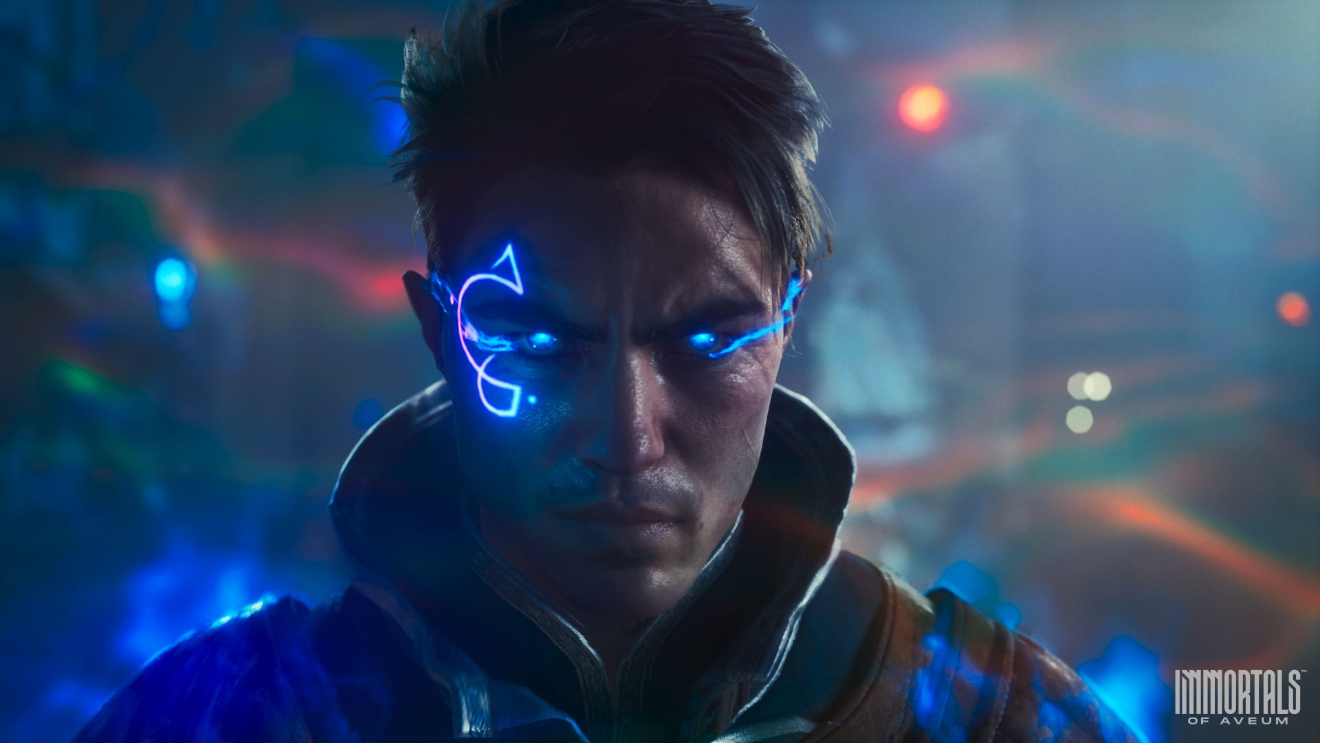 HD desktop wallpaper featuring a character from Immortals of Aveum with glowing blue markings on his face against a blurred futuristic background.
