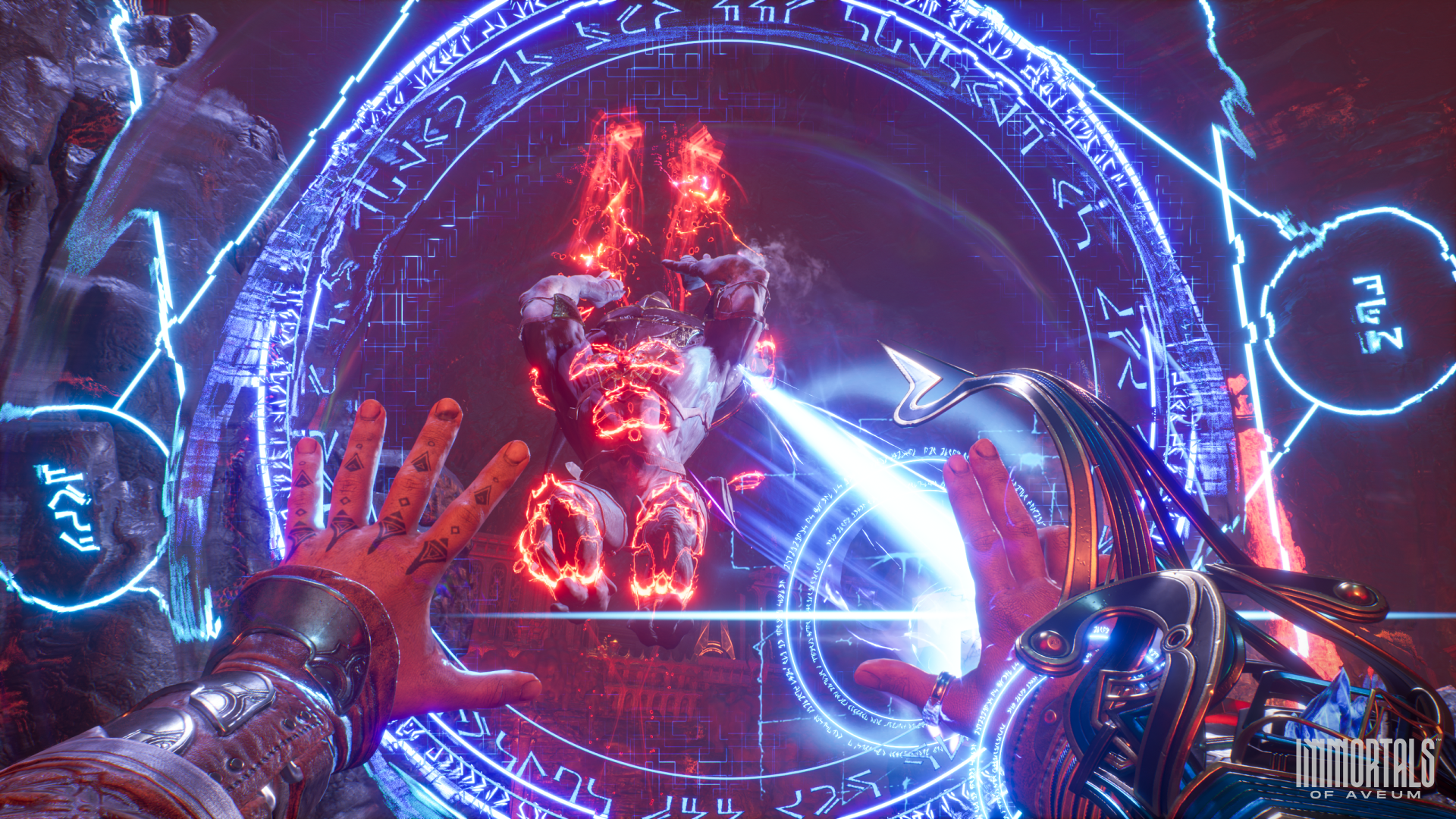 HD desktop wallpaper of Immortals of Aveum game scene featuring a mystical glowing circle with arcane symbols, a fiery creature, and a character's hands casting a spell.