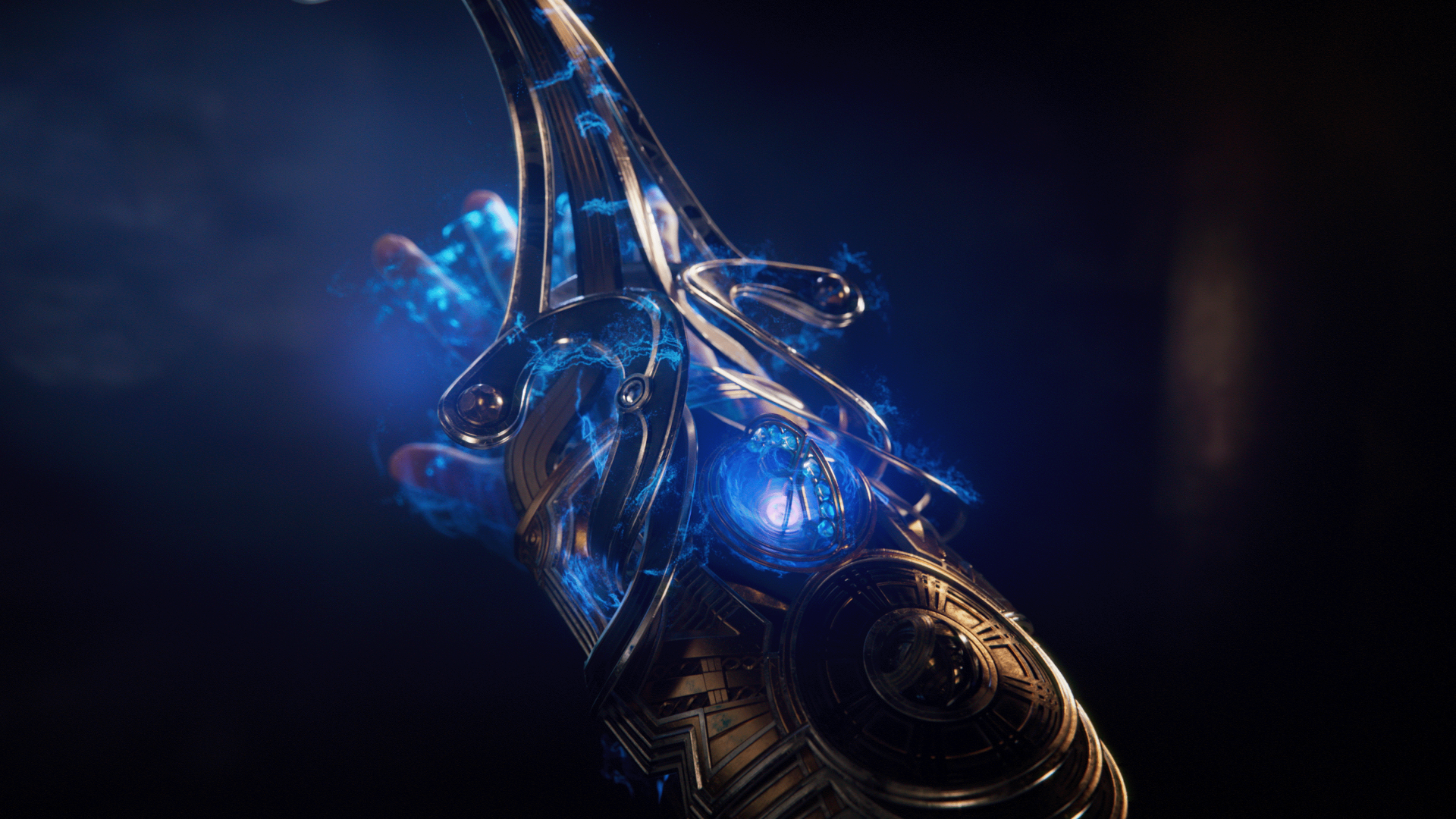 HD wallpaper featuring mystical blue glowing artifact from Immortals of Aveum on a dark background.