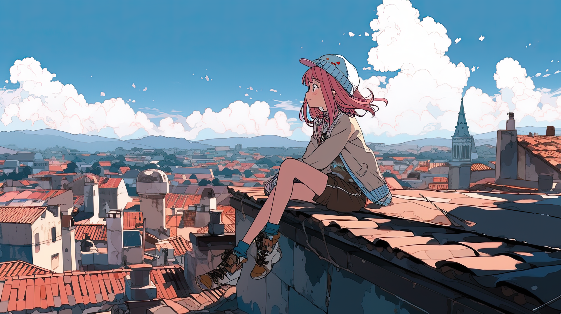 8K Ultra HD AI art of an anime girl with pink hair sitting on a rooftop, overlooking a detailed cityscape under a bright blue sky with fluffy clouds.
