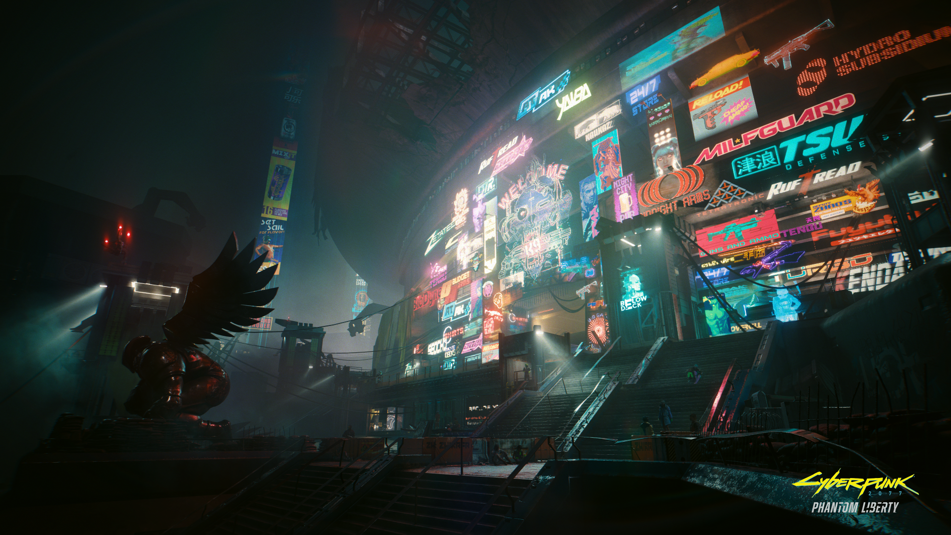 Futuristic cityscape from Cyberpunk 2077 with vibrant neon signs and dark, rainy streets, rendered in 4K Ultra HD for PC desktop wallpaper.
