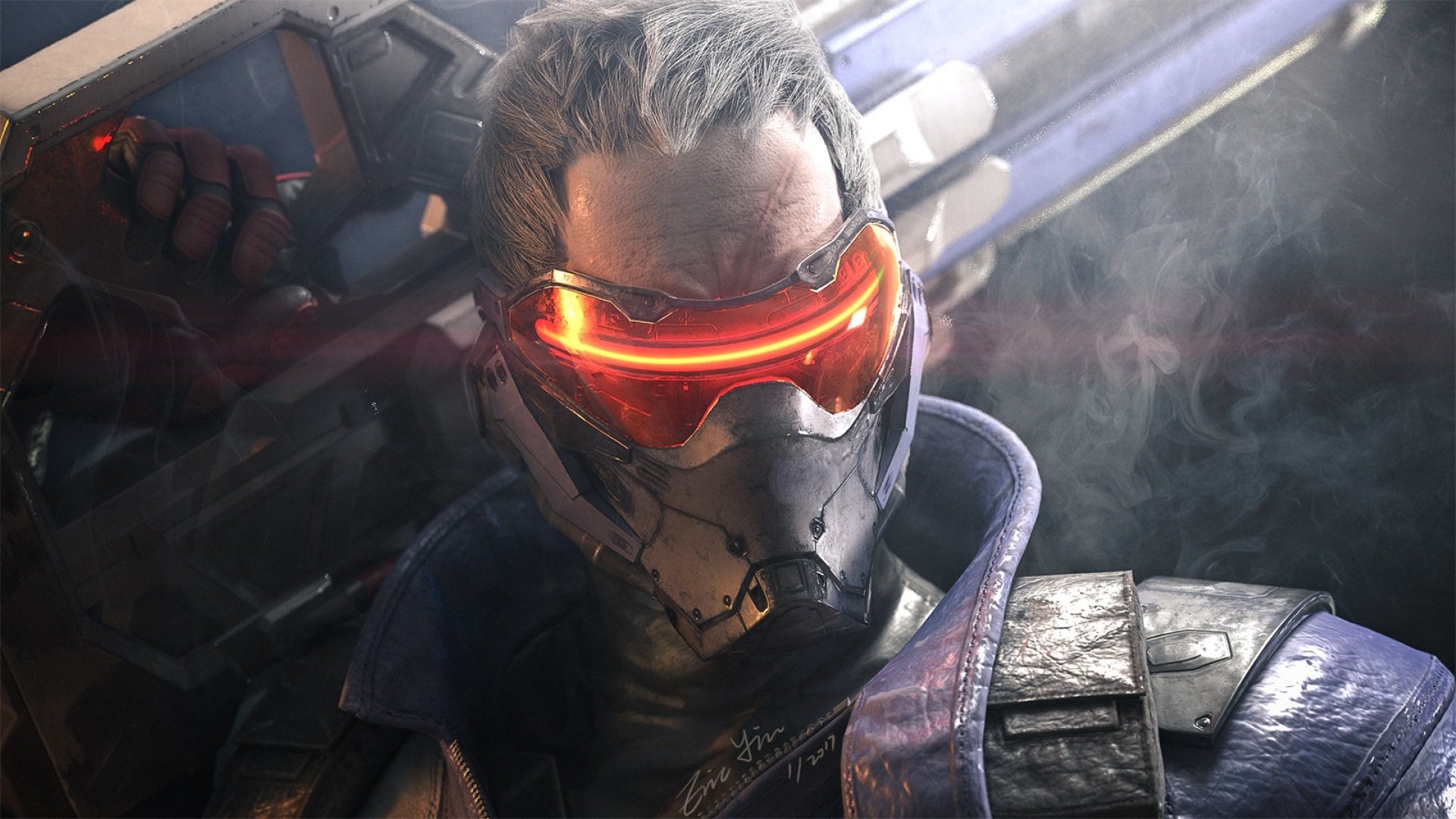 Overwatch video game HD PC desktop wallpaper: Soldier: 76 in tactical mask with glowing red visor and rifle, set against a smoky battlefield background.