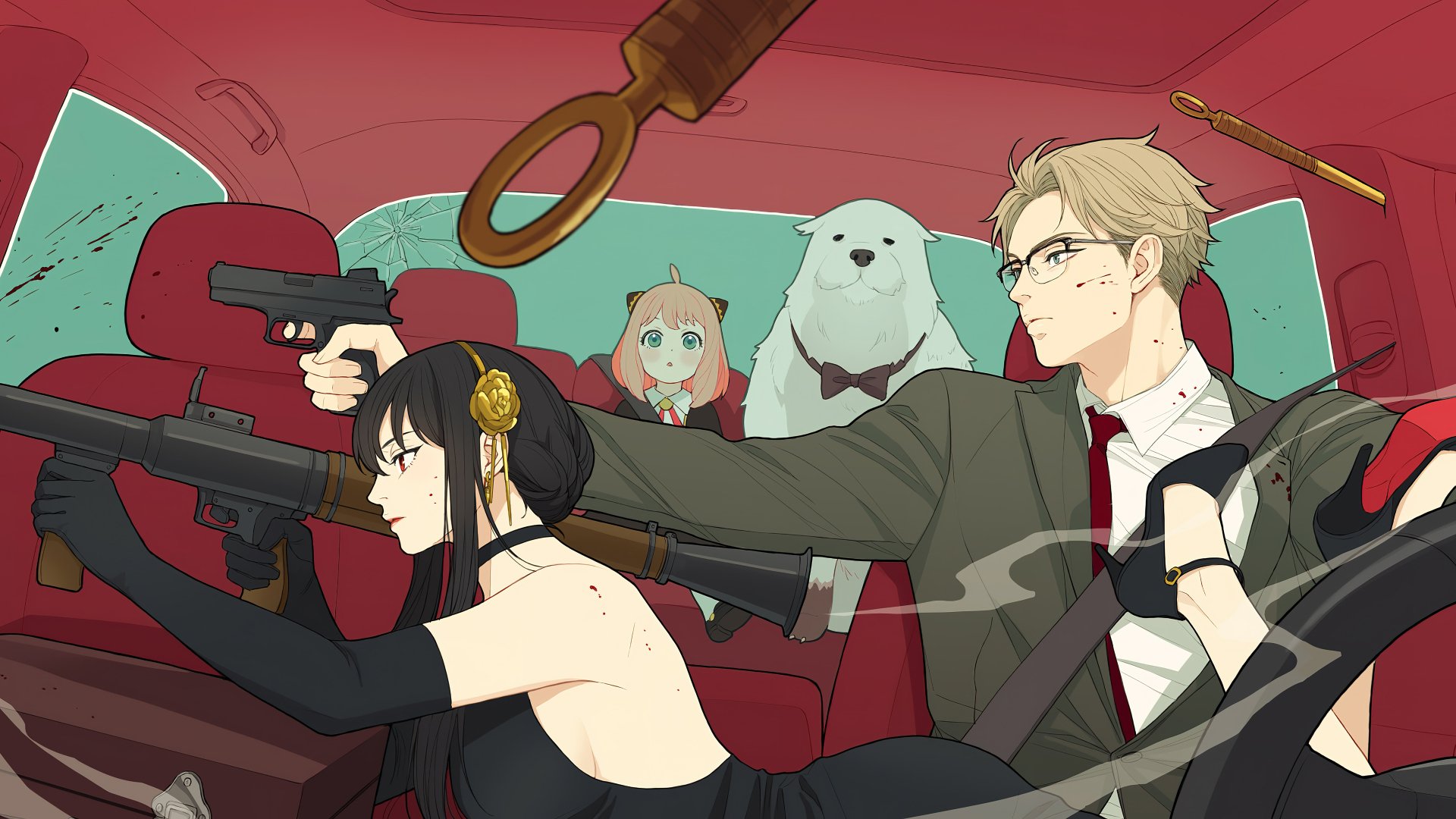 Anime-style Spy x Family characters in action pose inside a car, featuring 4K Ultra HD PC desktop wallpaper and background quality.