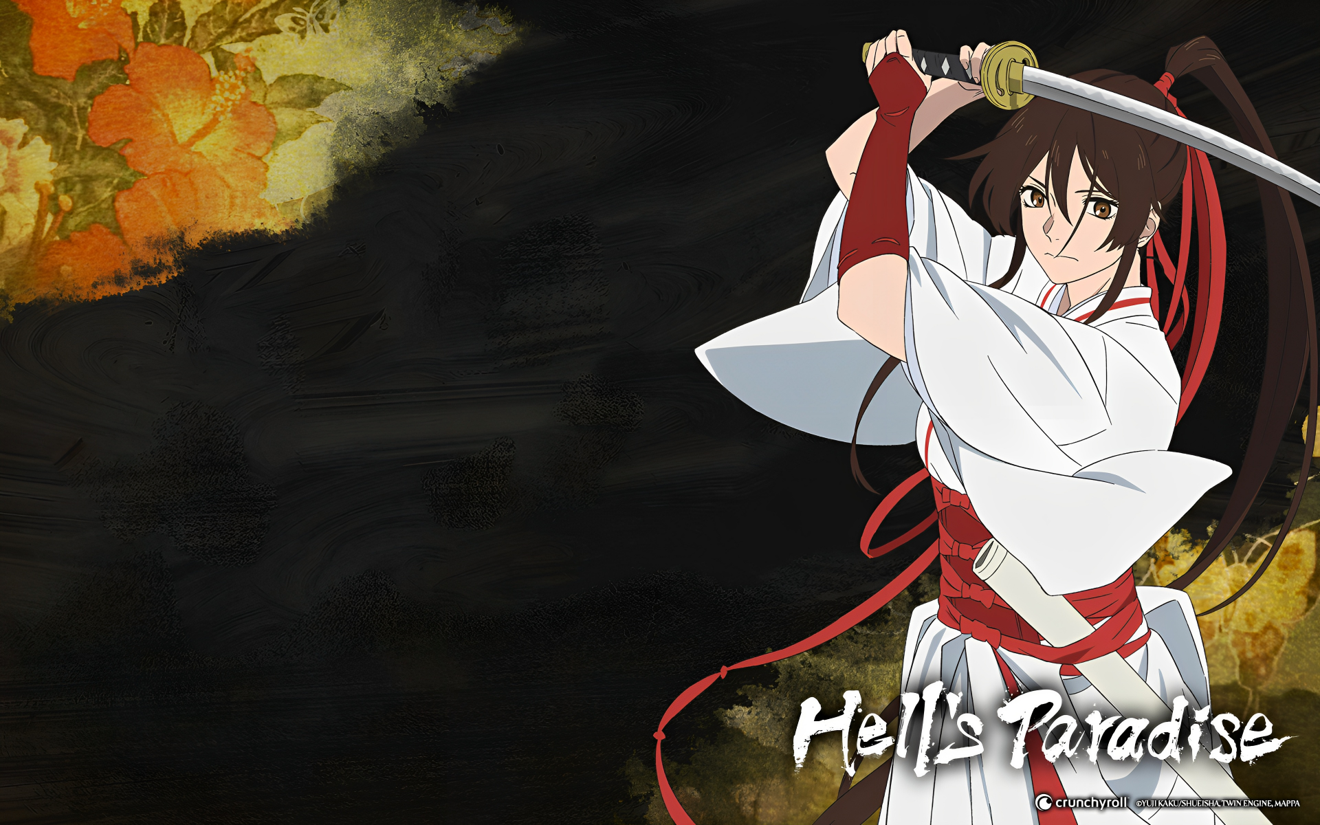 Sagiri from Hell's Paradise anime, poised with a raised sword against a dark, fiery background in this 4K Ultra HD PC desktop wallpaper and background.