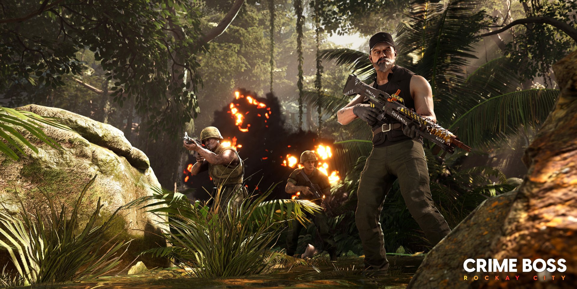 HD desktop wallpaper from Crime Boss: Rockay City featuring armed characters in a jungle with an explosion in the background.