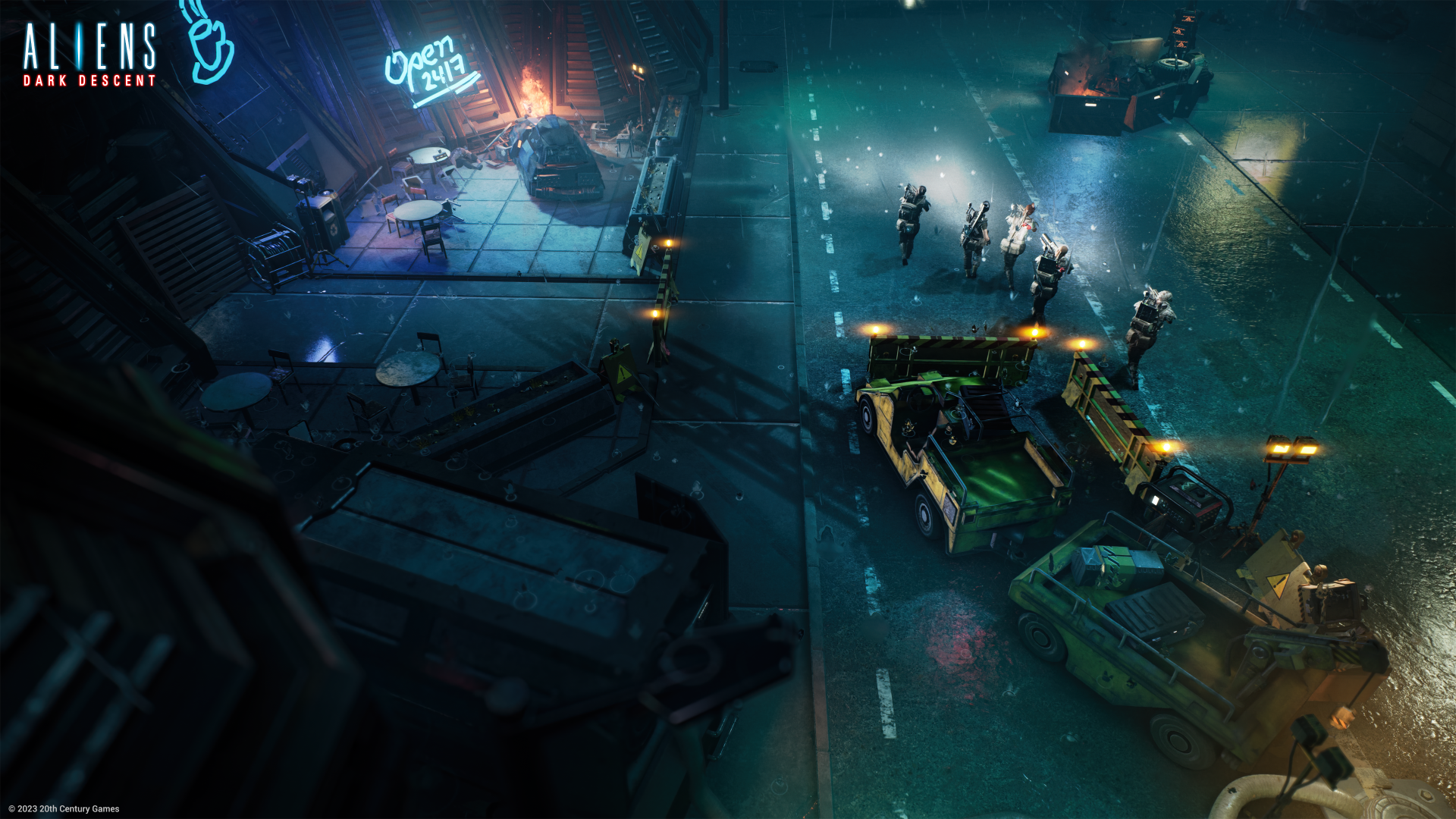 HD desktop wallpaper for Aliens: Dark Descent, featuring a vivid scene of soldiers preparing for battle in a neon-lit, futuristic setting.