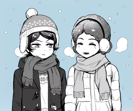 Mushitarō Oguri from Bungou Stray Dogs — anime 2K Quad HD wallpaper showing two winter-clad characters with scarves and earmuffs, one frowning and one smiling against a snowy blue background.