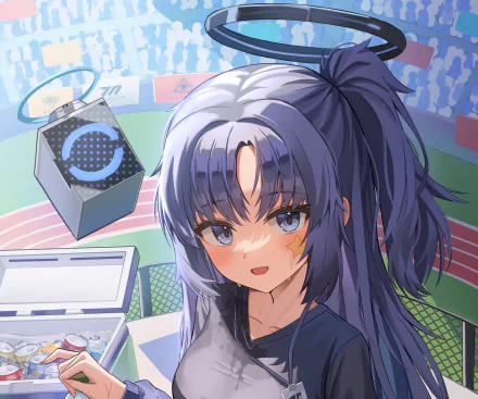 HD PC desktop wallpaper of Hayase Yuuka from the video game Blue Archive, featuring her with long dark hair and a confident expression in a vibrant, animated style.