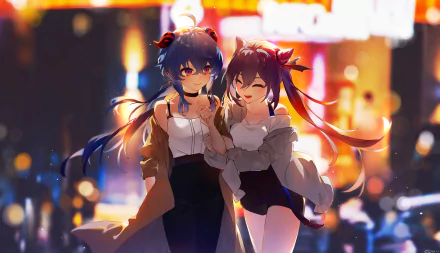 Keqing and Ganyu from Genshin Impact stand arm-in-arm, smiling against neon city bokeh — warm, detailed 5K Ultra HD PC desktop wallpaper of video game characters.