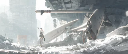 A captivating HD wallpaper featuring Vladilena Milizé from the anime Eighty Six, set against a dystopian backdrop with imposing machinery and a fragmented city landscape.