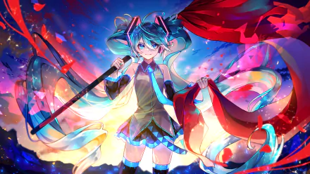 A vibrant HD wallpaper featuring Hatsune Miku, the iconic Vocaloid character, adorned with flowing ribbons and a dynamic background filled with colorful energy.