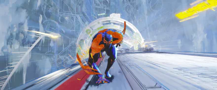 HD PC desktop wallpaper featuring Spider-Man 2099 in action from the movie Spider-Man: Across the Spider-Verse, showcasing vibrant futuristic cityscapes.