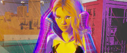 2K Quad HD PC wallpaper of Gwen Stacy from Spider-Man: Across the Spider-Verse — neon close-up of her in a webbed hood against a stylized comic-city backdrop.