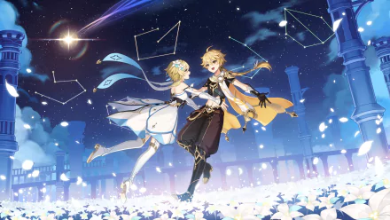 Aether and Lumine from Genshin Impact dance amidst a starry sky and blossoming flowers in this vibrant 4K Ultra HD wallpaper.