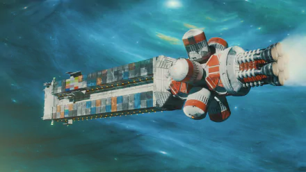 HD desktop wallpaper featuring a detailed sci-fi spaceship traveling through a vibrant, cosmic nebula.