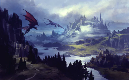 A stunning 4K Ultra HD fantasy landscape featuring majestic dragons soaring over misty mountains and a serene river, with lush forests framing the scene.