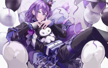 HD PC desktop wallpaper of Mayoi Ayase from the video game Ensemble Stars!, featuring the character in a stylish outfit surrounded by balloons and plush toys.
