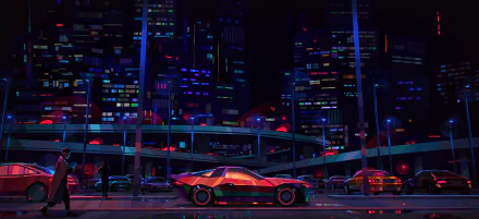 HD desktop wallpaper from the video game Tenet of The Spark, featuring a futuristic cityscape at night with vibrant neon lights and a sleek red sports car.