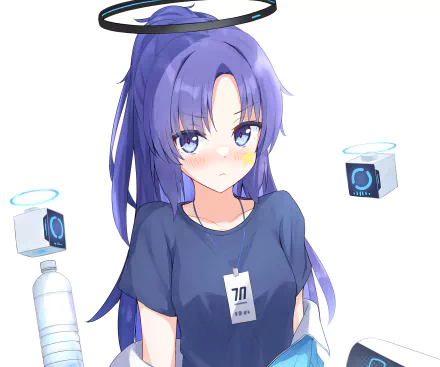HD PC desktop wallpaper of Hayase Yuuka from the video game Blue Archive — purple-haired girl in a navy T-shirt with an ID tag, flanked by floating tech cubes and a bottle on a white background.