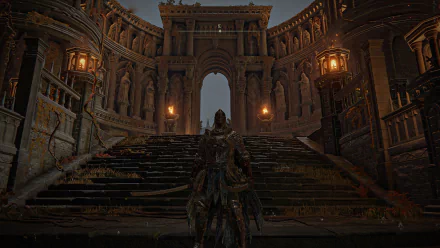 A detailed 4K Ultra HD Elden Ring scene showing a warrior standing before a grand, ancient stone staircase and archway illuminated by glowing lanterns.