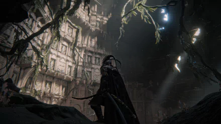 4K Ultra HD PC wallpaper from the video game Elden Ring, featuring a dark, atmospheric scene with a cloaked figure in a ruined, overgrown structure.