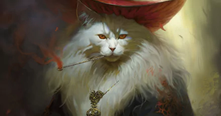 HD fantasy PC wallpaper of a regal, long-haired white cat with amber eyes, a red hat, and a golden jeweled pendant dangling from a chain in its mouth, rendered in moody, painterly light.