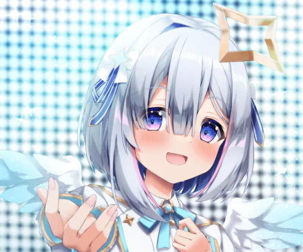 HD desktop wallpaper of hololive VTuber Amane Kanata: smiling silver-haired anime girl with blue eyes, small crown and ribbons against a light blue checkered background.