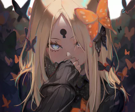 HD PC desktop wallpaper featuring Abigail Williams as Foreigner from the anime Fate/Grand Order, surrounded by glowing butterflies in a dark, mystical setting.