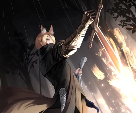 HD PC desktop wallpaper of Arknights character Młynar: cloaked, fox-eared warrior raising a glowing blade amid rain, sparks and a shadowy forest.