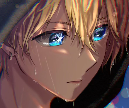 Close-up HD anime wallpaper of Aquamarine Hoshino from Oshi no Ko, showcasing detailed blue eyes and blond hair with a reflective, emotional expression.