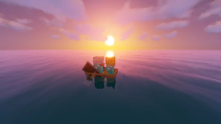 HD Minecraft desktop wallpaper showing a boat with characters floating on calm water during a vibrant sunset.