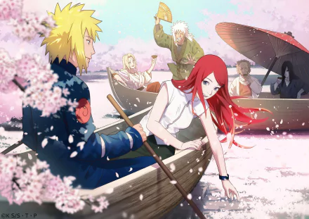 HD anime desktop wallpaper featuring Kushina Uzumaki and Minato Namikaze from Naruto, set on a serene river with cherry blossoms in full bloom.