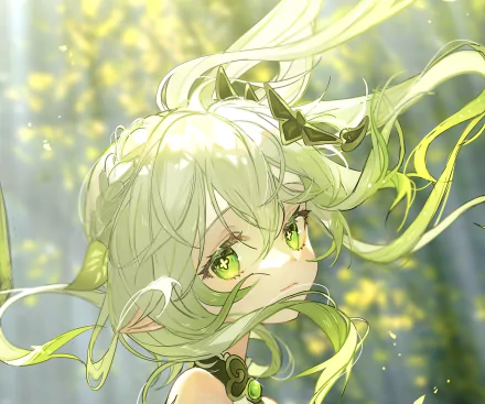 Nahida (Genshin Impact) portrait with glowing green eyes and flowing hair in golden light — 2K Quad HD PC desktop wallpaper/background, video game art.