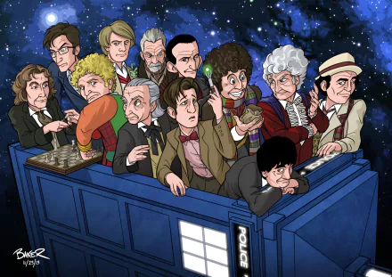 Cartoon painting of many stylized Doctors from the TV show Doctor Who (2005) crowding a blue police box under a starry sky — 2K Quad HD PC desktop wallpaper/background.