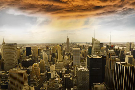 4K Ultra HD image of Manhattan's skyline featuring iconic skyscrapers under a dramatic, golden-orange sky, showcasing the man-made urban landscape.