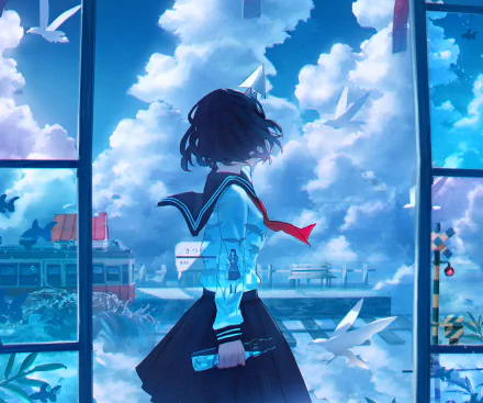 HD desktop wallpaper featuring an anime girl in a school uniform at a train station, set against a backdrop of a vibrant, dreamy sky with paper planes. Tags: lofi, Anime.