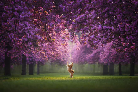 HD PC desktop wallpaper featuring a Shiba Inu standing on its hind legs beneath vibrant pink cherry blossom trees in full bloom.