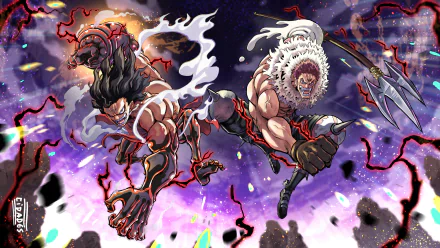 HD PC wallpaper featuring anime characters Monkey D. Luffy and Charlotte Katakuri from One Piece in dynamic battle poses with vibrant energy effects.