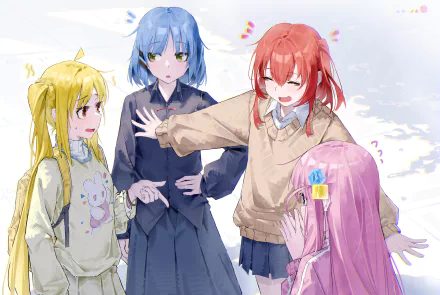 4K Ultra HD anime wallpaper featuring Hitori Gotou, Ikuyo Kita, Ryou Yamada, and Nijika Ijichi from Bocchi the Rock! interacting in a bright, cheerful scene.