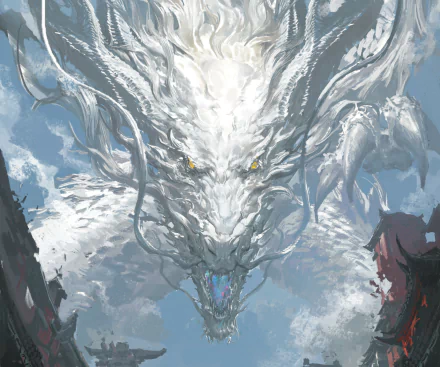 HD fantasy PC desktop wallpaper featuring a majestic white dragon with glowing yellow eyes emerging from swirling clouds against a bright sky.