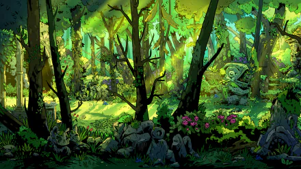 HD desktop wallpaper displaying a lush fantasy forest with vibrant green trees, mysterious statues, and sunrays piercing through the canopy, casting enchanting lights.