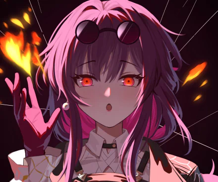 HD PC desktop wallpaper featuring Kafka from the video game Honkai: Star Rail, showcasing her glowing red eyes and vibrant pink hair against a dark background with fiery accents.