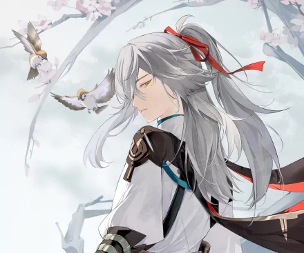 HD PC desktop wallpaper featuring Jing Yuan from the video game Honkai: Star Rail, depicting him amidst flying birds with flowing silver hair and a focused expression.