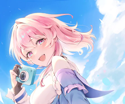 HD PC desktop wallpaper featuring March 7th from the video game Honkai: Star Rail against a bright blue sky background.