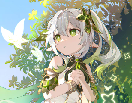 HD PC desktop wallpaper featuring Nahida from the video game Genshin Impact, surrounded by greenery and glowing butterflies in a vibrant, detailed anime style.