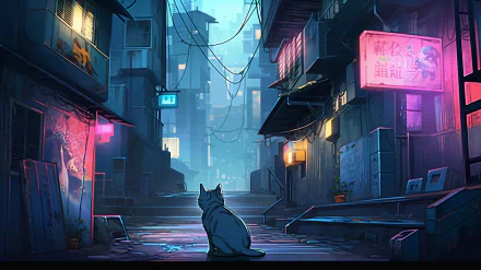 HD PC desktop wallpaper featuring cyberpunk anime-style alley with neon signs and a cat sitting in the middle, created as AI art.