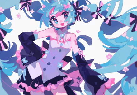 Vibrant HD anime desktop wallpaper featuring Hatsune Miku, the iconic Vocaloid, with flowing twin tails and cherry blossom accents in a dynamic, colorful style.