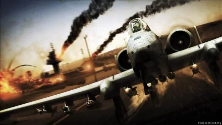 HD military aircraft depicted in intense combat with explosions and smoke, designed as a dynamic PC desktop wallpaper and background.