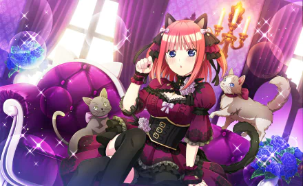 HD PC desktop wallpaper featuring Nino Nakano from the anime The Quintessential Quintuplets, dressed in gothic attire, surrounded by cats in a vibrant, sparkling room.