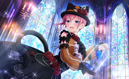 HD PC desktop wallpaper featuring Ichika Nakano from the anime The Quintessential Quintuplets in an elegant, gothic-inspired outfit inside a stained glass cathedral.